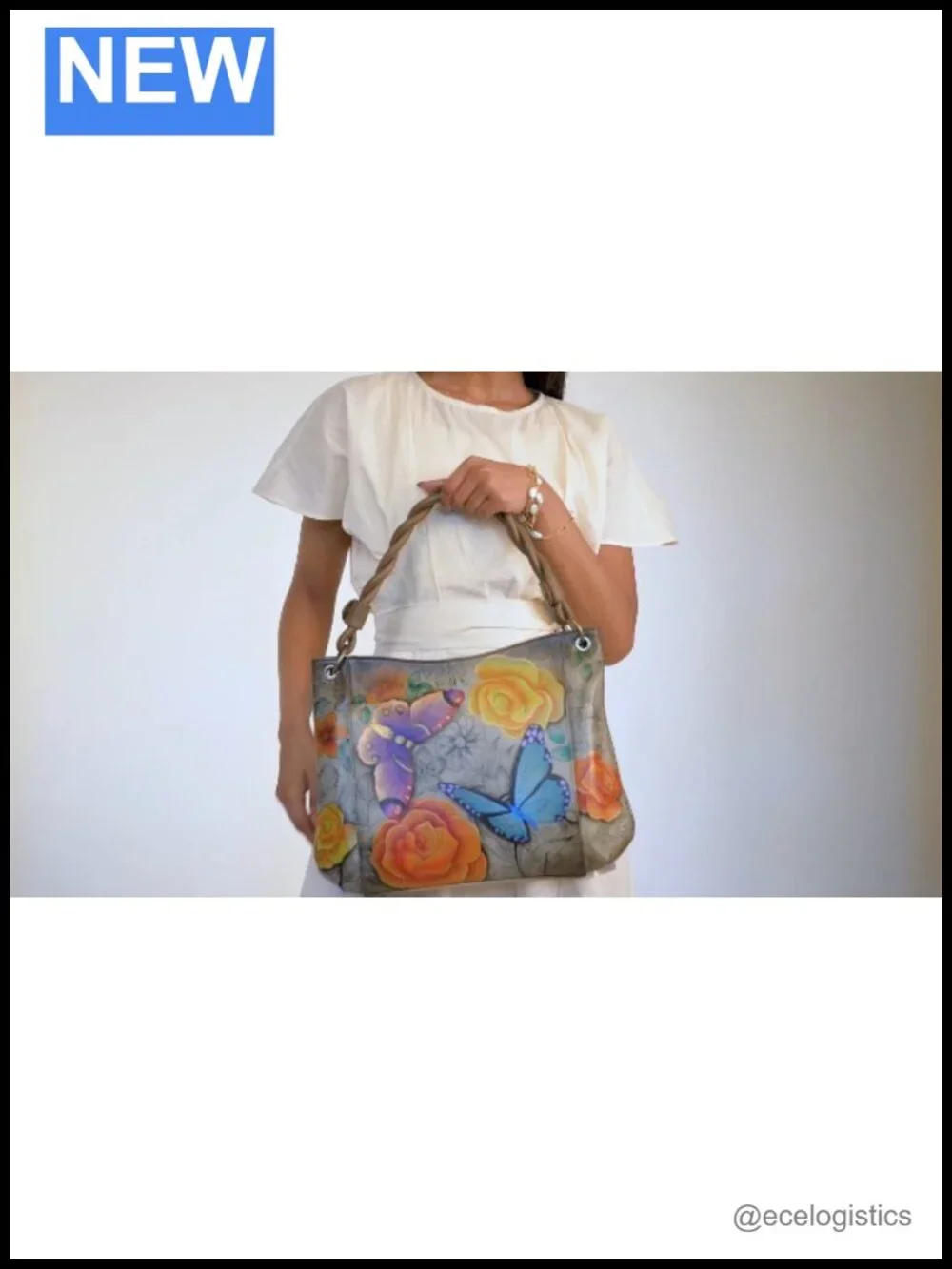 Handmade Leather Slim Shoulder Bag Satchel Purse - Floral Artwork